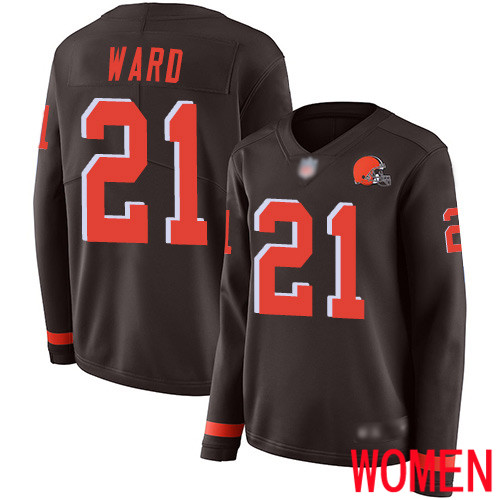 Cleveland Browns Denzel Ward Women Brown Limited Jersey 21 NFL Football Therma Long Sleeve